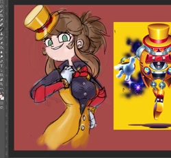 Size: 974x898 | Tagged: safe, artist:radicalsoda, oc, oc:poppy (radicalsoda), human, sonic mania, barely sonic related, bowtie, cosplay, female, green eyes, hat, heavy magician, oc only, red background, simple background, sketch, smile, solo, solo female, standing
