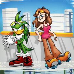 Size: 1000x1000 | Tagged: safe, artist:therollingwestern, jet the hawk, oc, oc:poppy (radicalsoda), human, abstract background, duo, female, frown, goggles, goggles on head, looking at each other, male, rollerskates, signature, smile, sonic riders, standing