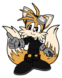 Size: 2321x2907 | Tagged: safe, artist:taeko, miles "tails" prower, 2023, :3, crossdressing, fangs, femboy, flat colors, goggles, goggles on head, hoodie, looking at viewer, male, mobius.social exclusive, pointing, redesign, simple background, skirt, smile, solo, solo male, standing, transparent background