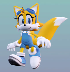Size: 878x902 | Tagged: safe, artist:millowdoe, miles "tails" prower, sonic adventure 2, 3d, blue shoes, eyelashes, female, gender swap, goggles, goggles on head, gradient background, looking at viewer, mod, modern tails, overalls, smile, solo, solo female, walking