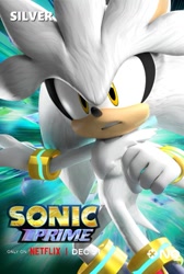 Size: 613x913 | Tagged: safe, artist:wwolforam, silver the hedgehog, sonic prime, 3d, abstract background, character name, clenched teeth, frown, logo, looking offscreen, male, solo, solo male