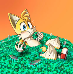 Size: 1024x1035 | Tagged: safe, artist:versailercat, miles "tails" prower, blushing, eating, gradient background, holding something, looking at viewer, male, mint candy, modern tails, sitting, solo, solo male, that fox sure loves mint candy, this will end in stomach pain