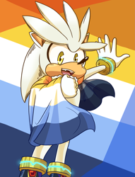 Size: 2401x3141 | Tagged: safe, artist:versailercat, silver the hedgehog, abstract background, aro ace pride, cape, headcanon, looking at viewer, male, mouth open, pride, smile, solo, solo male, standing