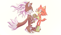 Size: 1290x754 | Tagged: safe, artist:galexyrybak, gadget the wolf, infinite the jackal, sonic forces, 2018, duo, duo male, gay, holding hands, lidded eyes, looking at each other, male, males only, rookinite, shipping, simple background, smile, standing, white background