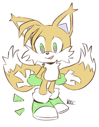 Size: 600x770 | Tagged: safe, artist:uniplantiso, miles "tails" prower, green eyes, green shoes, looking down, male, modern tails, mouth open, one fang, signature, simple background, smile, solo, solo male, white background