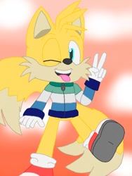 Size: 386x512 | Tagged: safe, artist:mmaxi, miles "tails" prower, abstract background, clouds, jacket, looking at viewer, male, mlm pride, smile, solo, solo male, standing on one leg, tongue out, v sign, wink