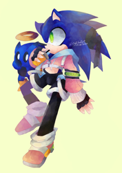 Size: 1210x1712 | Tagged: safe, artist:cylikaart, sonic the hedgehog, chao, character chao, cropped hoodie, duo, fingerless gloves, genderless, green background, looking offscreen, male, modern sonic, simple background, solo focus, solo male, sonic chao, trans male, transgender