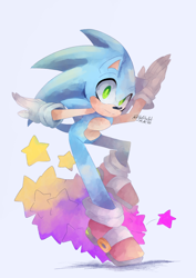 Size: 1210x1712 | Tagged: safe, artist:cylikaart, sonic the hedgehog, blue background, eyelashes, looking at viewer, male, modern sonic, signature, simple background, smile, solo, solo male, standing on one leg, star (symbol), trans male, transgender