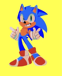 Size: 1373x1670 | Tagged: safe, artist:youhalfwit, sonic the hedgehog, clenched teeth, looking at viewer, modern sonic, no outlines, pointing, simple background, smile, solo, standing, top surgery scars, trans male, transgender, yellow background