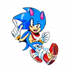 Size: 2048x1992 | Tagged: safe, artist:meelowsh1, sonic the hedgehog, bandana, classic sonic, looking at viewer, male, one fang, pointing, redesign, signature, simple background, smile, solo, solo male, white background