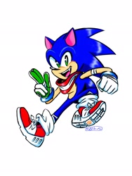 Size: 1536x2048 | Tagged: safe, artist:meelowsh1, sonic the hedgehog, bandana, male, mid-air, modern sonic, mouth open, one fang, simple background, smile, solo, solo male, white background