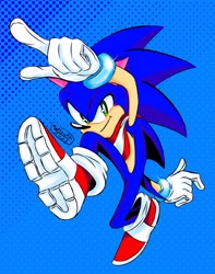 Size: 1614x2048 | Tagged: safe, artist:meelowsh1, sonic the hedgehog, abstract background, looking at viewer, male, mid-air, modern sonic, pointing, posing, signature, smile, solo, solo male
