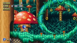 Size: 640x362 | Tagged: safe, artist:sir_majesty, sonic the hedgehog, sonic mania, abstract background, classic sonic, fake screenshot, loop, male, mushroom, mushroom hill, pixel art, ring, solo, solo male, vines