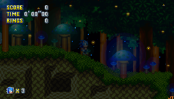 Size: 848x480 | Tagged: safe, artist:jacob-turbo, sonic the hedgehog, sonic mania, 2018, act 2, classic sonic, fake screenshot, firefly, literal animal, mushroom hill, nighttime, pixel art, solo, standing