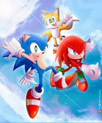 Size: 5632x6722 | Tagged: safe, artist:jonnisalazar, knuckles the echidna, miles "tails" prower, sonic the hedgehog, sonic heroes, abstract background, clouds, looking at viewer, mid-air, redraw, smile, team sonic, trio