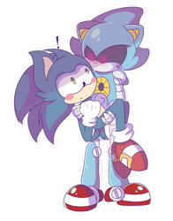 Size: 1024x1304 | Tagged: safe, artist:thesparkledash, metal sonic, sonic the hedgehog, blushing, carrying them, duo, exclamation mark, frown, gay, looking at each other, metonic, outline, shipping, simple background, standing, transparent background, wagging tail