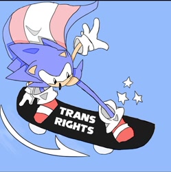 Size: 640x643 | Tagged: artist needed, source needed, safe, sonic the hedgehog, blue background, cape, classic sonic, english text, frown, looking down, male, simple background, skateboard, solo, solo male, star (symbol), trans pride