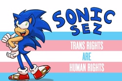 Size: 2048x1360 | Tagged: safe, artist:rotundfox, sonic the hedgehog, abstract background, english text, hand on hip, looking up, male, modern sonic, mouth open, pride flag background, smile, solo, solo male, sonic says, standing, standing on one leg, thumbs up, trans pride