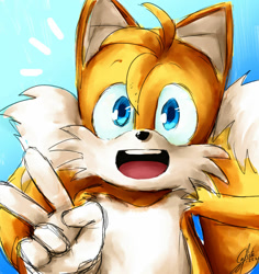 Size: 1024x1085 | Tagged: safe, artist:calista-222, miles "tails" prower, gradient background, looking at viewer, modern tails, mouth open, selfie, smile, solo, v sign