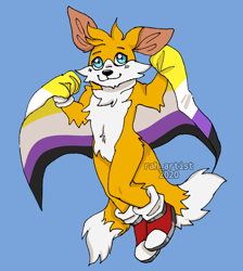 Size: 1054x1175 | Tagged: safe, artist:rahsantoos2004, miles "tails" prower, :3, blue background, chest fluff, headcanon, holding something, mid-air, modern tails, nonbinary, nonbinary pride, pride flag, redesign, signature, simple background, smile, solo