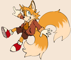Size: 640x546 | Tagged: safe, artist:rosrets, miles "tails" prower, beige background, female, looking at viewer, mid-air, pointing, shirt, shorts, simple background, smile, solo, solo female, trans female, transgender, wink