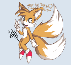 Size: 1280x1165 | Tagged: safe, artist:reeze0x, miles "tails" prower, character name, english text, grey background, looking offscreen, male, mouth open, signature, simple background, sitting, smile, solo, solo male, v sign