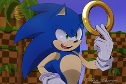 Size: 3000x2000 | Tagged: safe, artist:taiztiburon, sonic the hedgehog, green hill zone, sonic prime, abstract background, hand on hip, holding something, looking at something, male, modern sonic, mouth open, palm tree, redraw, ring, signature, smile, solo, solo male, standing