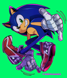 Size: 1024x1180 | Tagged: safe, artist:shirogahara, sonic the hedgehog, sonic adventure 2, sonic prime, 2022, clenched teeth, green background, horn sign, looking at viewer, male, modern sonic, posing, redraw, simple background, smile, solo, solo male