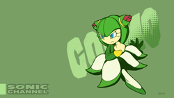 Size: 3840x2160 | Tagged: safe, artist:rainsyart, cosmo the seedrian, seedrian, 2023, blue eyes, dress, green background, green hair, simple background, solo, sonic channel wallpaper style, sonic x