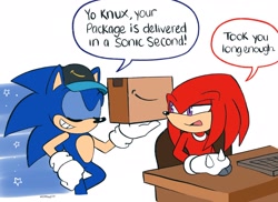 Size: 2048x1489 | Tagged: safe, artist:domestic maid, knuckles the echidna, sonic the hedgehog, sonic prime, amazon prime, box, chair, computer, computer mouse, desk, dialogue, duo, duo male, english text, eyes closed, holding something, male, males only, signature, simple background, sitting, smile, white background