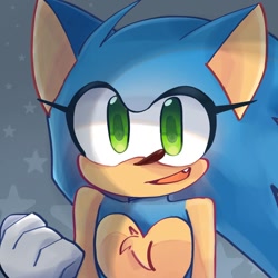 Size: 1280x1280 | Tagged: safe, artist:renstuff, sonic the hedgehog, au:resonance, chest fluff, clenched fist, close-up, eyelashes, heart chest, looking at viewer, mouth open, nonbinary, one fang, solo