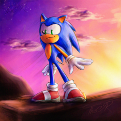 Size: 1292x1290 | Tagged: safe, artist:the-jr, sonic the hedgehog, sonic prime, abstract background, looking at viewer, male, modern sonic, outdoors, redraw, smile, solo, solo male, standing, sunset