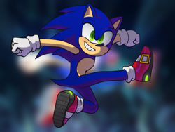 Size: 1280x960 | Tagged: safe, artist:creechurr, sonic the hedgehog, sonic prime, abstract background, clenched fists, clenched teeth, eyelashes, flat colors, looking ahead, male, mid-air, modern sonic, redraw, smile, solo, solo male