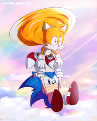 Size: 2000x2500 | Tagged: safe, artist:jonnisalazar, miles "tails" prower, sonic the hedgehog, abstract background, carrying them, classic sonic, classic tails, clouds, duo, duo male, flying, frown, holding hands, looking ahead, male, males only, spinning tails, sweatdrop