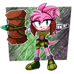 Size: 2048x2048 | Tagged: safe, artist:broadwaybash123, amy rose, thorn rose, sonic prime, facepaint, female, frown, holding something, lidded eyes, outline, piko piko hammer, semi-transparent background, solo, solo female, standing