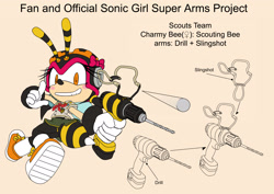 Size: 2500x1767 | Tagged: safe, artist:skyshek, charmy bee, au:sonicsuperarmsproject, blushing, child, drill, english text, female, gender swap, holding something, looking back at viewer, scout outfit, simple background, smile, solo, solo female, tan background