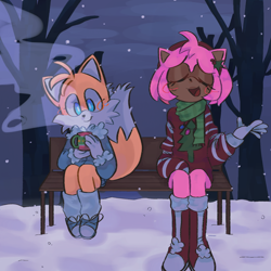 Size: 1280x1280 | Tagged: safe, artist:s1llycilantro, amy rose, miles "tails" prower, abstract background, bench, blushing, christmas outfit, coffee, cup, cute, duo, duo female, female, holding something, mouth open, nighttime, outdoors, sitting, smile, snow, tailabetes, talking, trans female, transgender, tree