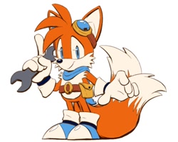 Size: 914x727 | Tagged: safe, artist:redwolfe7, miles "tails" prower, 2021, belt, blue shoes, colored version, goggles, goggles on head, holding something, looking at viewer, male, orange fur, pointing, redesign, scarf, simple background, smile, solo, solo male, sonic boom (tv), standing, white background, wrench