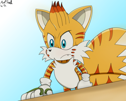 Size: 2475x2000 | Tagged: safe, artist:andtails1, mangey, miles "tails" prower, sonic prime, 2022, all fours, frown, gradient background, looking down, male, one fang, redraw, signature, solo, solo male, sonic x style