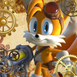Size: 640x640 | Tagged: safe, artist:ladymiraclewings, miles "tails" prower, 3d, abstract background, cogwheel, gear, holding something, icon, looking at viewer, machinery, smile, solo, sonic boom (tv), steampunk