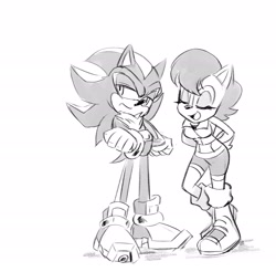 Size: 2518x2481 | Tagged: safe, artist:chauvels, artist:schauvel, sally acorn, shadow the hedgehog, duo, monochrome, sally's ringblader outfit, simple background, white background