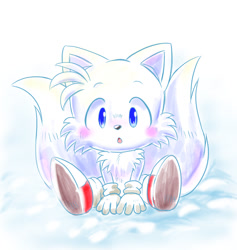 Size: 866x913 | Tagged: safe, artist:tailchana, miles "tails" prower, 2019, :o, abstract background, arctic fox, blushing, cute, hands on ground, looking ahead, mouth open, sitting, snow, solo, species swap, tailabetes