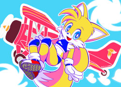 Size: 1555x1124 | Tagged: safe, artist:tailchana, miles "tails" prower, 2019, blushing, clouds, crop top, cute, ear fluff, eyelashes, femboy, heart, kneepads, looking at viewer, male, mid-air, mouth open, outline, shorts, smile, solo, solo male, tailabetes, tornado i