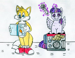 Size: 1280x986 | Tagged: safe, artist:jose-ramiro, miles "tails" prower, crossover, duo, my little pony, traditional media, twilight sparkle