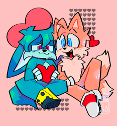Size: 1909x2048 | Tagged: safe, artist:cherrycro, kit the fennec, miles "tails" prower, :3, abstract background, blushing, cute, duo, duo male, freckles, gay, head fluff, heart, holding something, kitails, looking at something, looking at them, male, males only, one fang, shipping, sitting, smile