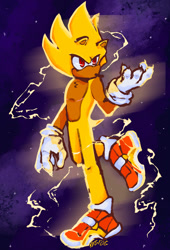 Size: 1393x2048 | Tagged: safe, artist:fig-fog, sonic the hedgehog, super sonic, abstract background, chest fluff, claws, electricity, hand up, looking offscreen, male, mid-air, red eyes, signature, solo, solo male, space, star (sky), super form, top surgery scars, trans male