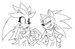 Size: 927x603 | Tagged: safe, artist:survivalstep, silver the hedgehog, sonic the hedgehog, bandana, binder, clenched teeth, duo, eyelashes, eyes closed, fistbump, hand on hip, looking at them, male, nonbinary, simple background, sketch, smile, standing, trans male, transgender, white background
