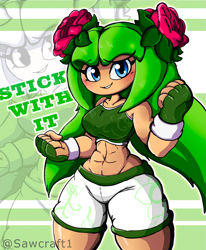Size: 1475x1794 | Tagged: safe, artist:sawcraft1, cosmo the seedrian, seedrian, abs, abstract background, echo background, female, muscular, muscular cosmo, solo, sonic x, text