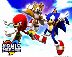 Size: 1255x1004 | Tagged: artist needed, source needed, safe, knuckles the echidna, miles "tails" prower, sonic the hedgehog, sonic heroes, 3d, abstract background, clouds, english text, logo, modern knuckles, modern sonic, modern tails, mouth open, posing, smile, team sonic, trio