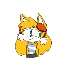 Size: 1280x1280 | Tagged: safe, artist:rosecandyart, miles "tails" prower, 2023, blushing, ear fluff, eye clipping through hair, eyelashes, female, flat colors, gender swap, goggles, goggles on head, lesbian, long hair, looking offscreen, pants, simple background, smile, solo, solo female, sonic boom (tv), standing, tank top, trans female, trans pride, transgender, white background